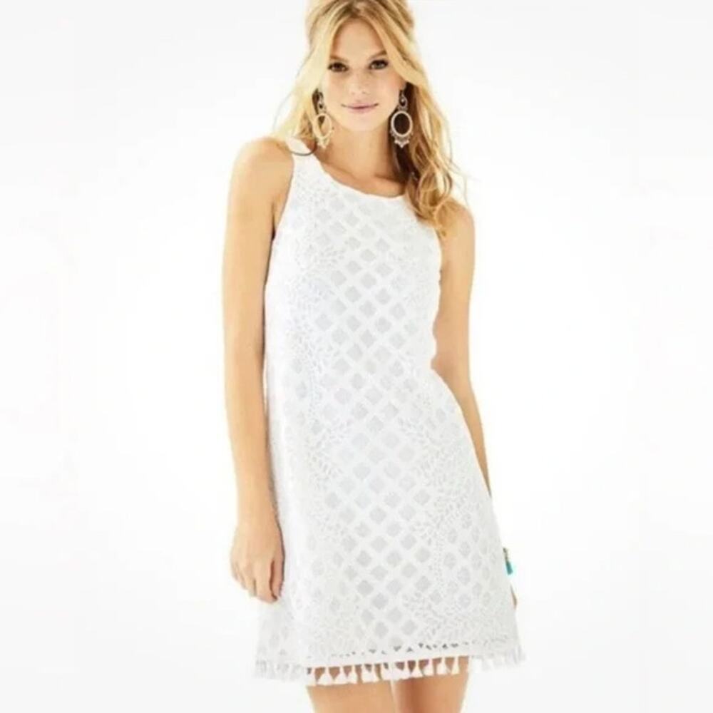 Lilly Pulitzer Womens Marquette Shift Dress Size M White Lace Tassel Hem Wedding